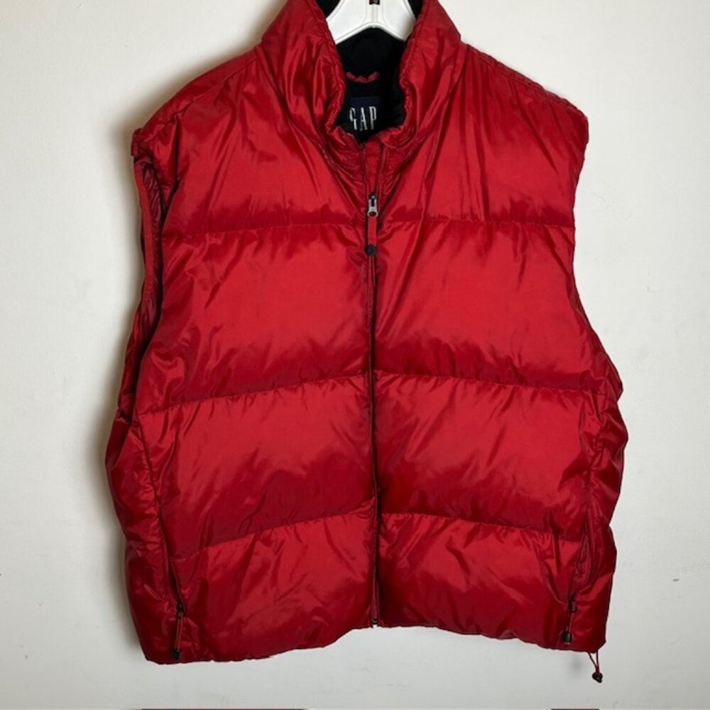 Vintage 90s GAP Down Puffer Vest Mens XXL Red Fleece Lined Packable Hood